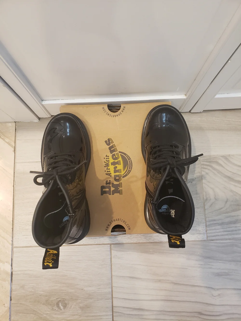 Dr. Martens Kids Black Patent 1460 J Boots (Box Shown)